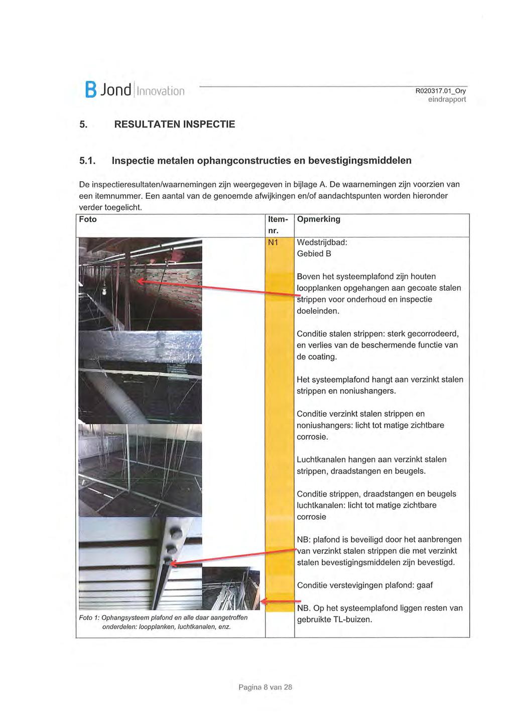 B JOfld Innovation R0203i7.oï_ory 5. RESULTATEN INSPECTIE 5.1. Inspectie metalen ophangconstructles en bevestigingsmiddelen De inspectieresultaten/waarnemingen zijn weergegeven in bijlage A.