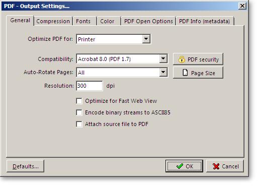 Stel in dit venster het volgende in: 'Optimze PDF for': 'Printer' 'Compatibility': 'PDF 1.