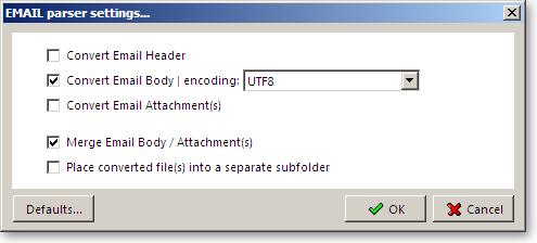 Selecteer de optie 'Merge Email Body / Attachment(s)', deselecteer de optie 'Place converted file(s) into a separate subfolder' en stel 'Convert Email Body encoding' in op 'UTF8'.