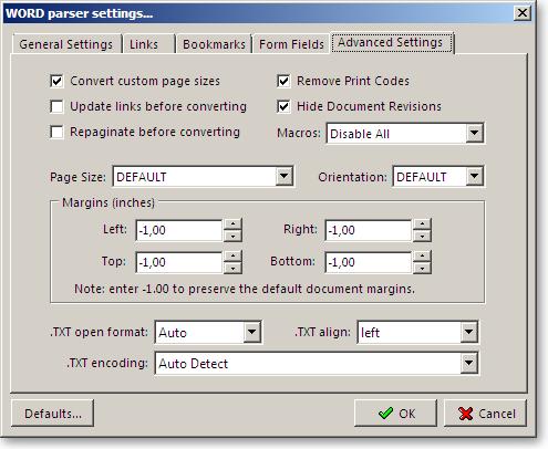 Vink de opties 'Convert custom page sizes' en 'Remove Print Codes' aan. Selecteer bij 'Macros' de optie 'Disable All'.