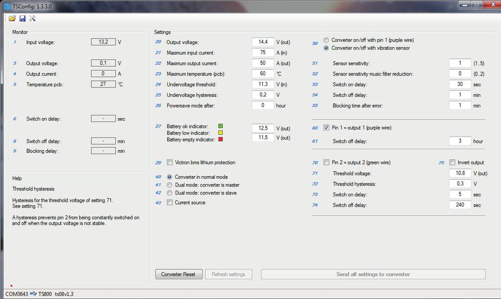 TSConfig applicatie In de afbeelding hiernaast (schermafdruk van de TSConfig applicatie) is te zien welke instellingen te maken zijn en welke status informatie uit de converter wordt getoond.