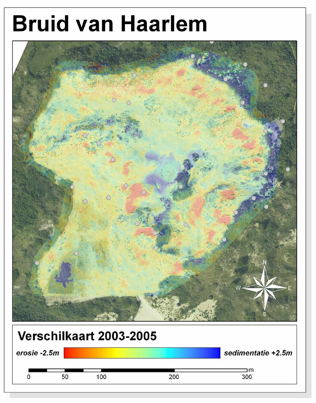 Figuur 3.7. Hoogteverschillen tussen 2003 en 2005. bij dichte vegetatie, en niet het oppervlak wordt gemeten, maar de bovenkant van de vegetatie.