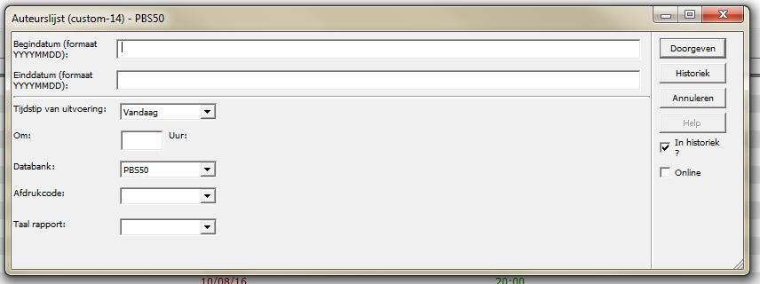 4 Auteurslijst (Custom-14) 4.1 Invulrichtlijnen 1. Begindatum en einddatum: Geef het datumbereik in waarvoor de statistieken moeten opgemaakt worden, in het formaat YYYYMMDD.