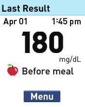 Uw bloedglucoseresultaten markeren 3 Als u een markering wilt toevoegen, selecteert u Vóór maal of Na maaltijd en drukt u op. Laatste result.