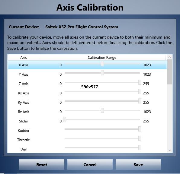 FSX options menu en add-on software Beweeg het control-apparaat hendels draaiknoppen sticks wiel over het gehele bereik boven
