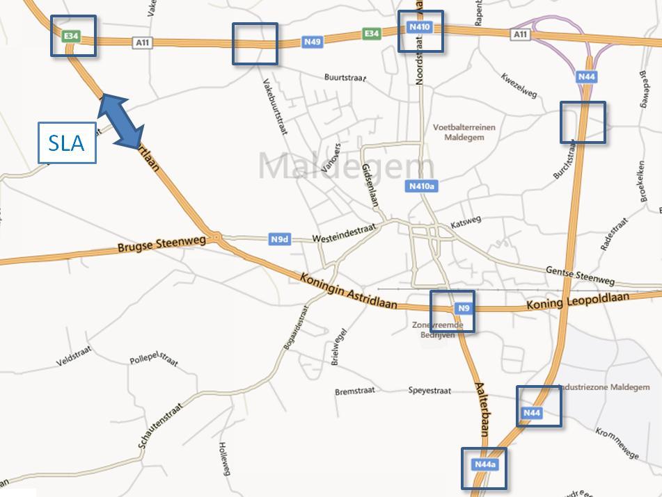 Figuur 11. Uitgevoerd verkeersonderzoek: kruispunten die werden geteld plus locatie van de uitgevoerde SLA met het provinciale verkeersmodel c.