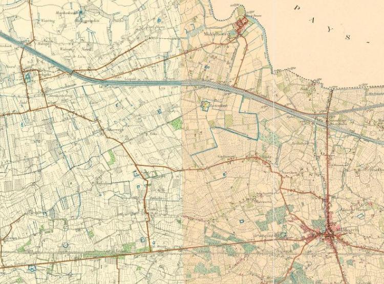 Op de kaart uit 1904 staat de verbinding tussen Maldegem en Moerkerke ingetekend. Vanaf Moerkerke vertrekken verbindingswegen naar Middelburg, Brugge en Lapscheure.