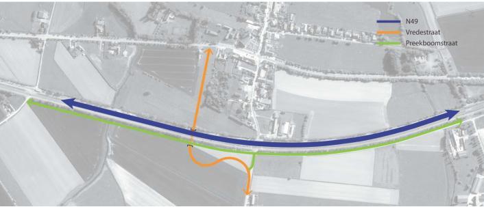 6.1.2 Ombouw van de N49 ter hoogte van Lapscheure en Hoeke Ter hoogte van Lapscheure en Hoeke behoudt de N49 zijn huidige 2x2-profiel en wordt een volledig gesloten middenberm gerealiseerd.