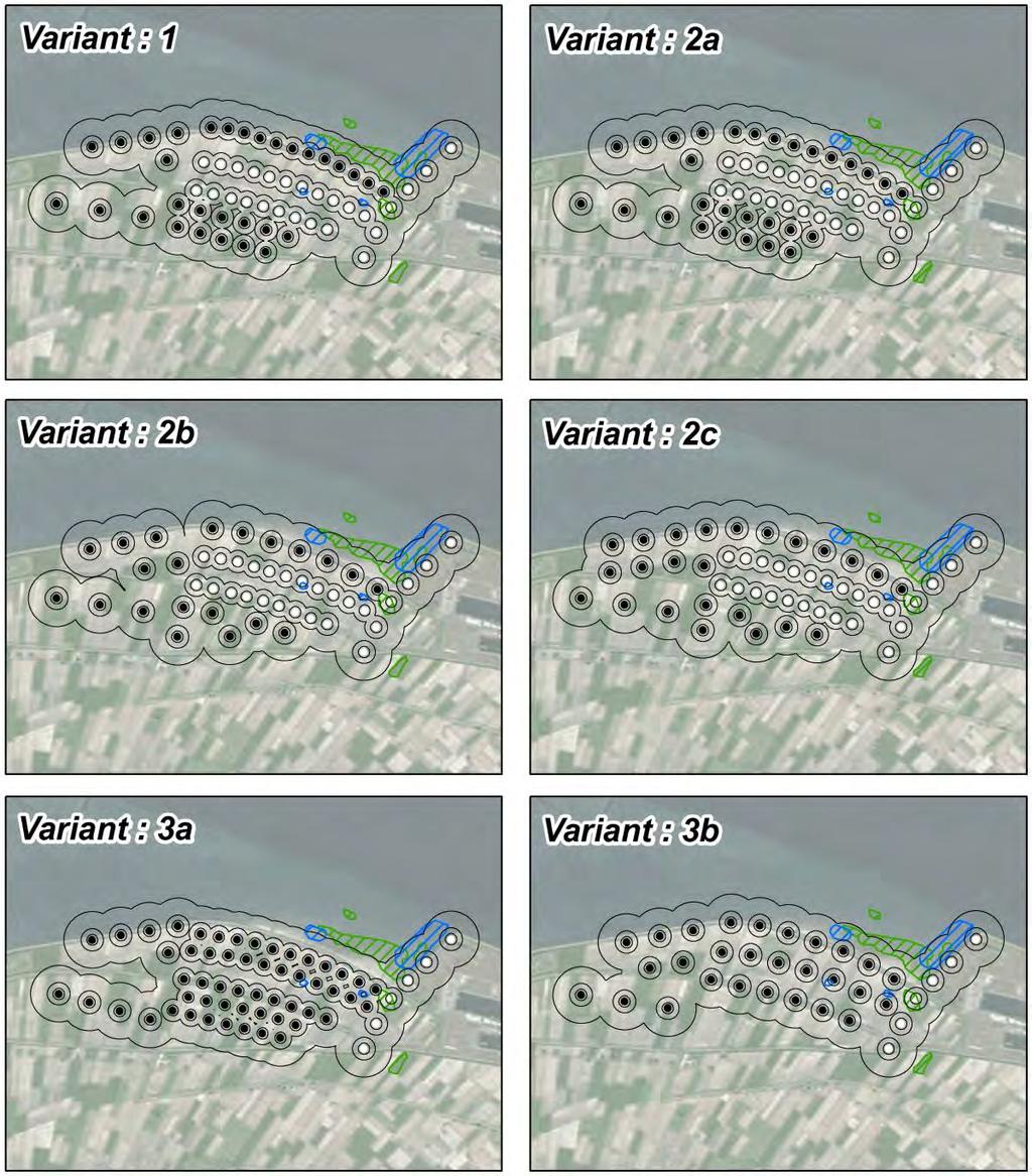 Afbeelding 7.13 De zes alternatieven en varianten met voor iedere windturbine verstoringscontouren van 100, 200 en 500 meter.