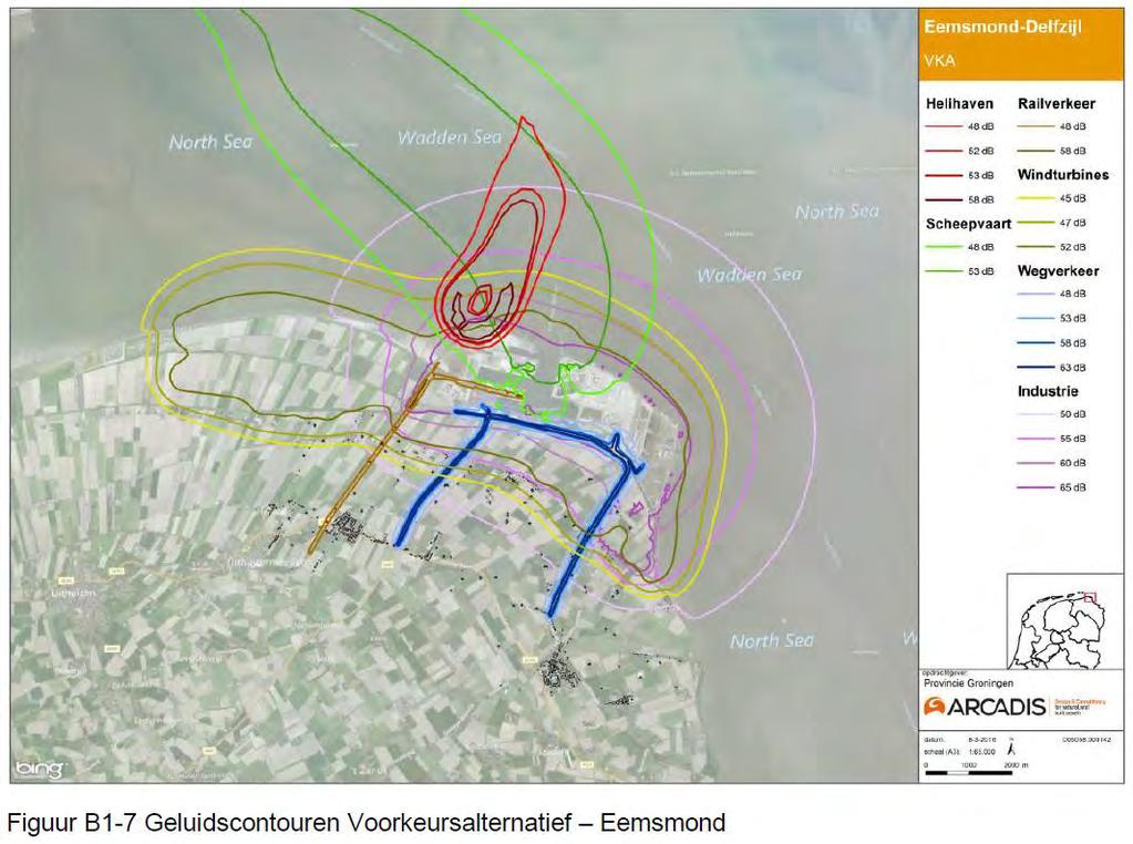 Afbeelding 8.12 Geluidcontouren VKA Structuurvisie Eemsmond-Delfzijl Eemshaven e.o. Voor cumulatie van geluid streeft de provincie naar maximaal GES-klasse 5, dit vertaalt zich naar een norm van 64 db(a) L IL,CUM.