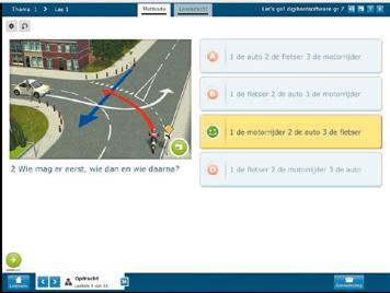 Daar geef je de volgorde aan door op de figuurtjes klikken. Bij de vragen erna kies je steeds het goede antwoord. Vraag 3: De voetganger en de auto hebben groen licht.