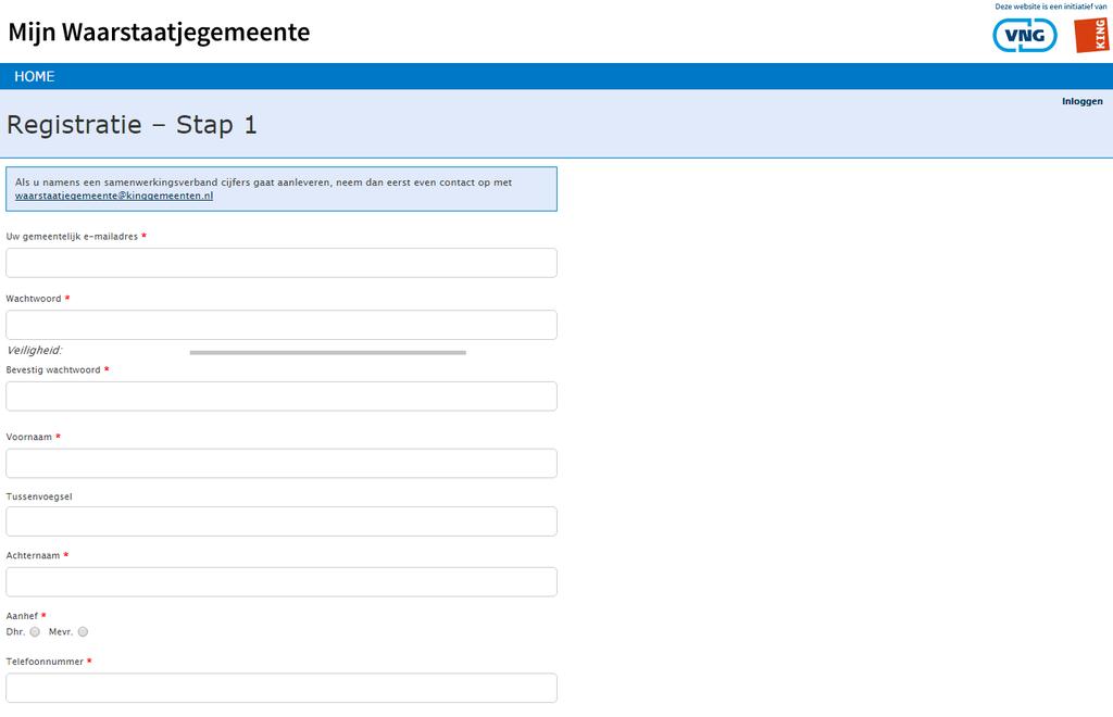 1.2 Inloggen nieuw account Indien u voor uw gemeente de nieuwe contactpersoon bent en u nog niet eerder een account heeft aangemaakt kunt u snel en eenvoudig een account aan maken.