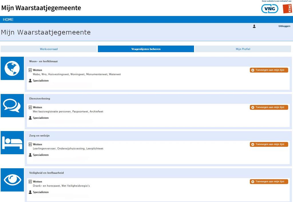 Stap 2: Selecteer op de pagina het onderdeel waarvan u de vragenlijst