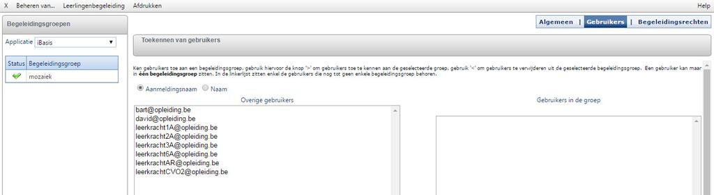 3.2 Gebruikers Hier worden de gebruikers aan een begeleidingsgroep gekoppeld. In de linkerkolom krijgt u de gebruikers te zien die nog niet aan een begeleidingsgroep gekoppeld zijn.