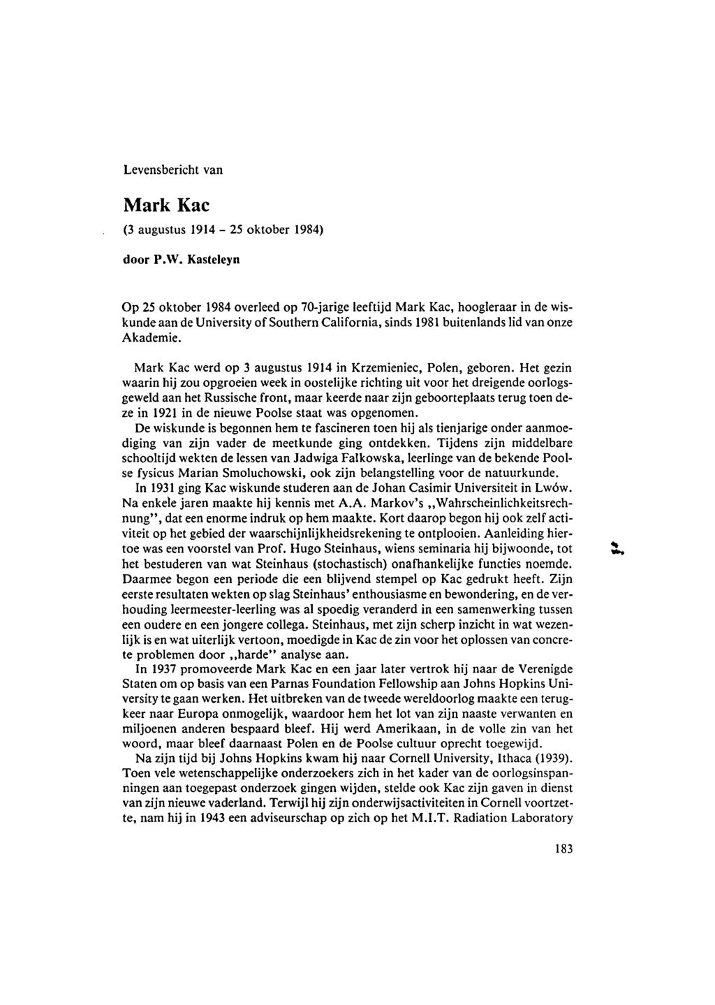 Levensbericht van Mark Kac (3 augustus 1914-25 oktober 1984) door P.W.