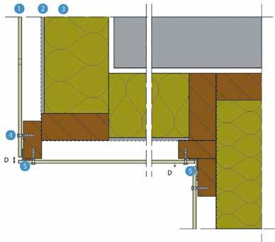 Gevel Houten achterconstructie Mechanische bevestiging op hout, plaataansluiting verticaal Detail 1-200 1 ROCKPANEL plaat 6 mm 2 ROCKPANEL schroef 3 EPDM voegband 4 Lat 28 x 70 mm 5 Lat 28 x 45 mm D