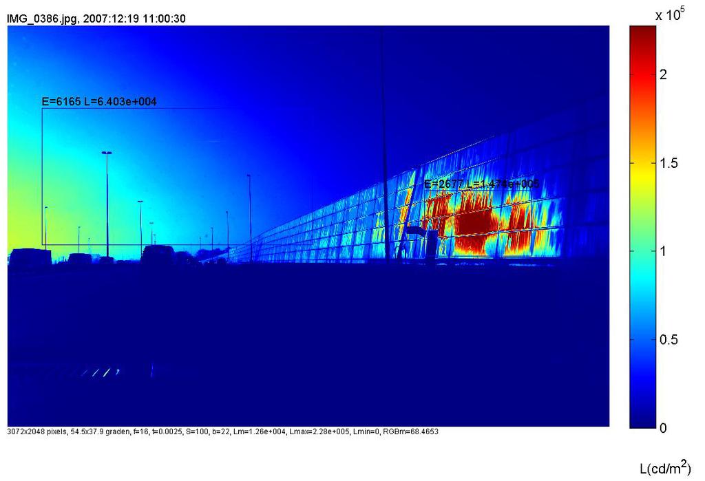 Uit dit luminantieplaatje is de achtergrondluminantie afgeleid door een rechthoekig deel van het beeld boven de horizon te middelen.