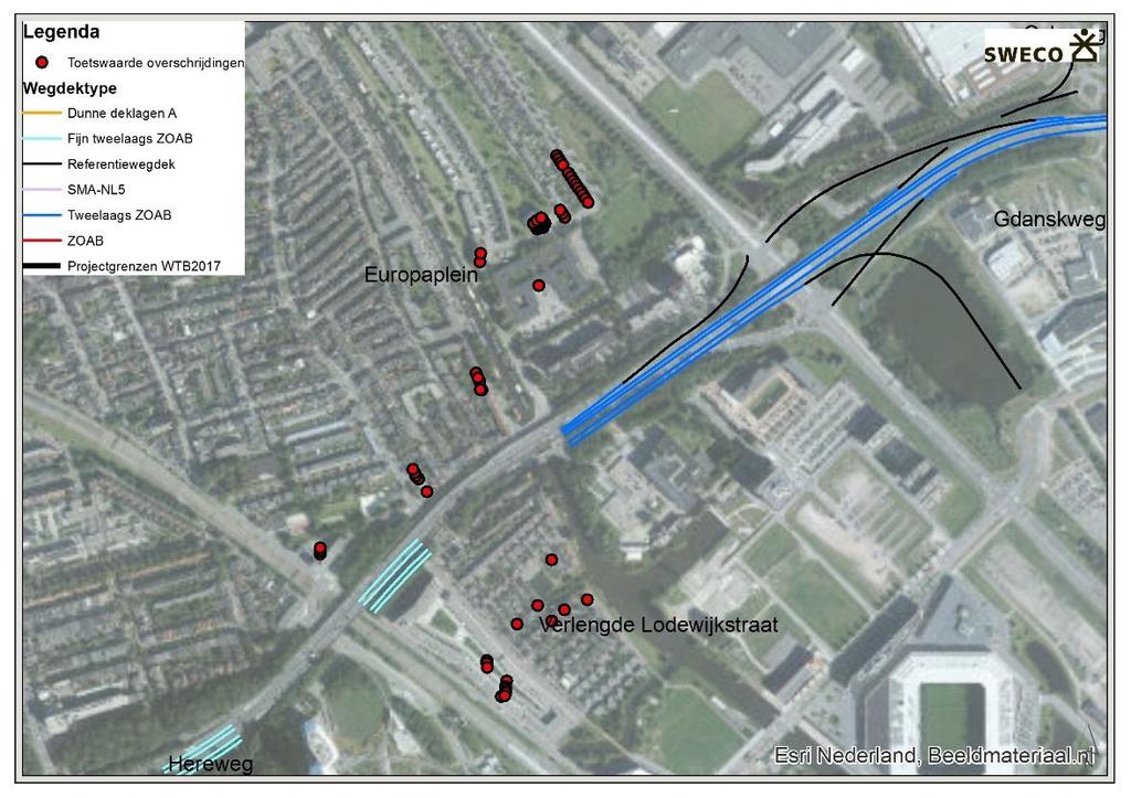 Akoestisch onderzoek WTB/MER Zuidelijke Ringweg fase 2 (ZRGII), wijziging 2017 Figuur 10 Toetswaarde overschrijdingen rond het Europaplein zonder invloed van aanvullende geluidsmaatregelen Tabel 7