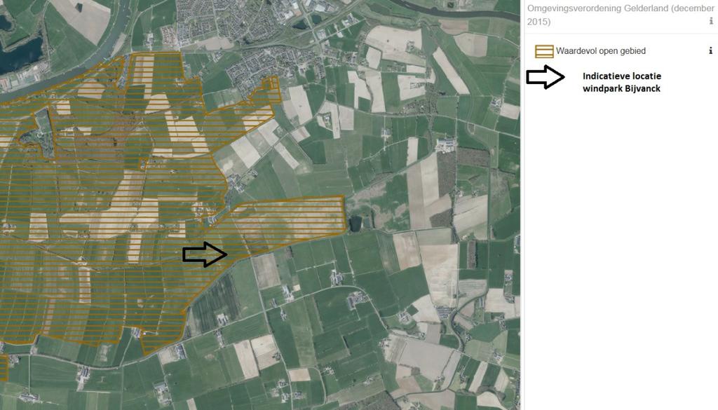 Figuur 5: uitsnede kaart 5 Omgevingsverordening Gelderland (december 2015), met indicatieve locatie windpark Bijvanck.