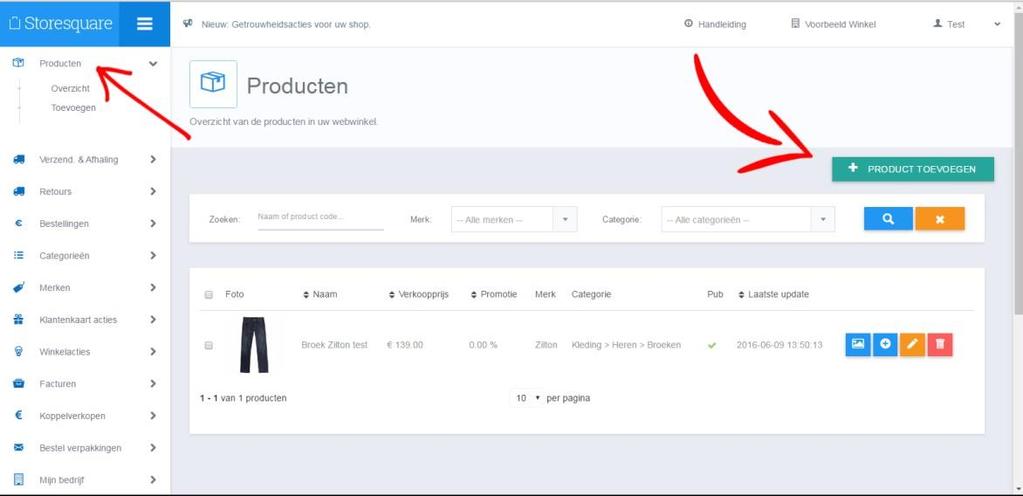 Producten toevoegen: Als u de nodige merken en categorieën heeft toegevoegd, kan u starten met het aanmaken van uw producten.