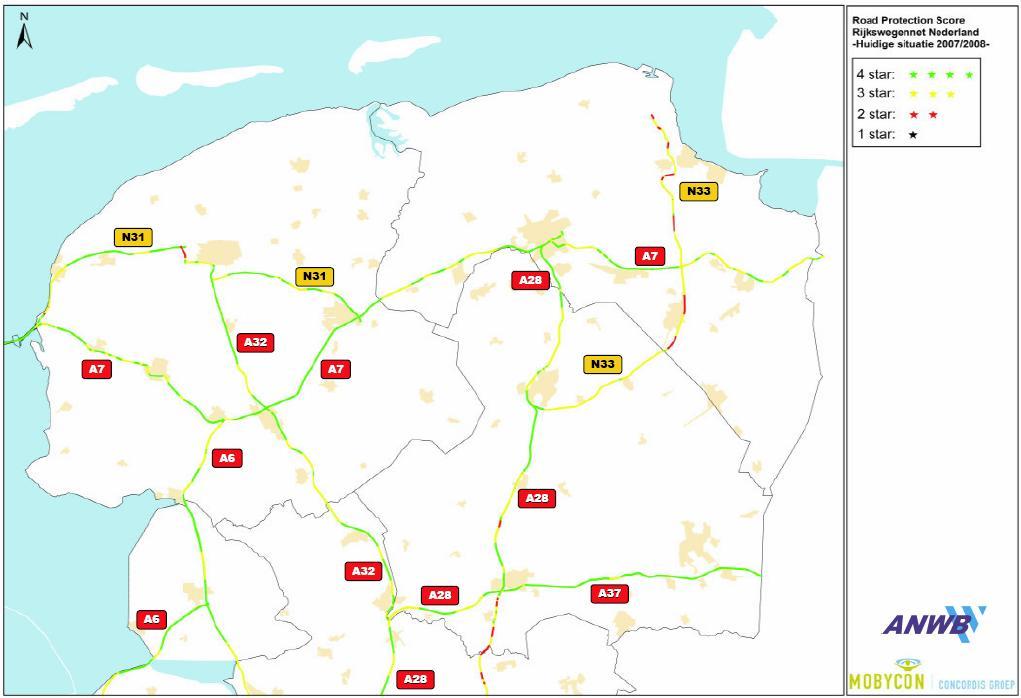 Kaart 2.3 Road Protection Scores voor Noord Nederland. Rood omcirkeld zijn de wegvakken nabij Wildervank. Bron: www.anwb.