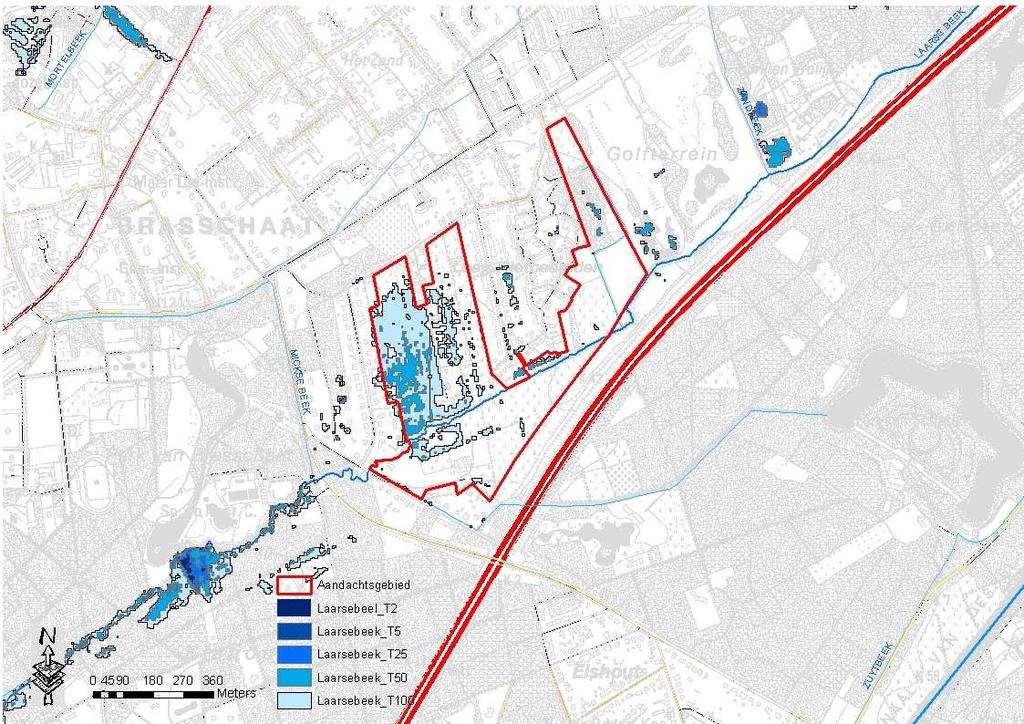 Figuur 16: Overstromingskaart op basis van OWKM door provincie Antwerpen DHM: De DHM geeft duidelijk weer dat het projectgebied zich in de natuurlijke vallei van de Laarse Beek bevindt.