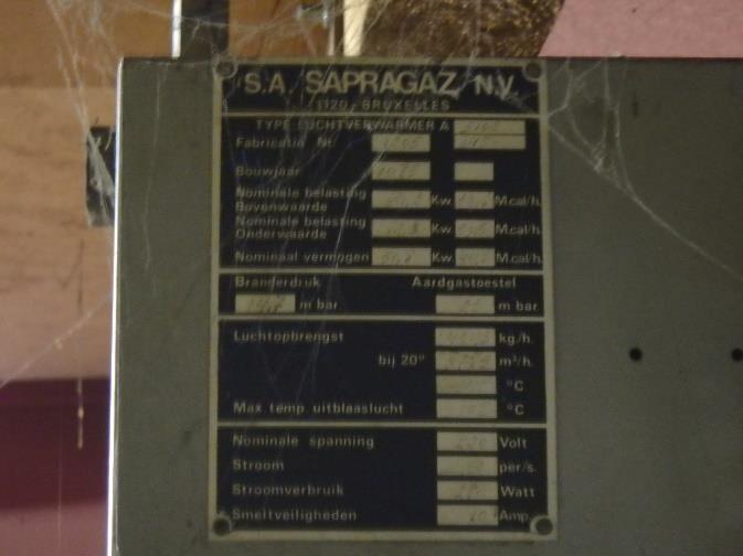 Opmerkingen/bijzonderheden Het betreft een gasheater van het merk Sapragaz, bouwjaar 1975.