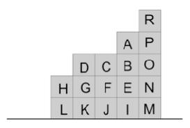 Als voorbeeld zie je nu een slak met blokjes waarop letters zijn geplakt. De onderste rij blokjes wordt verwijderd en aan de voorkant rechtop gezet.