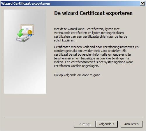 Kies nadat u een certificaat heeft geselecteerd (eenmaal aanklikken) voor de optie Exporteren.