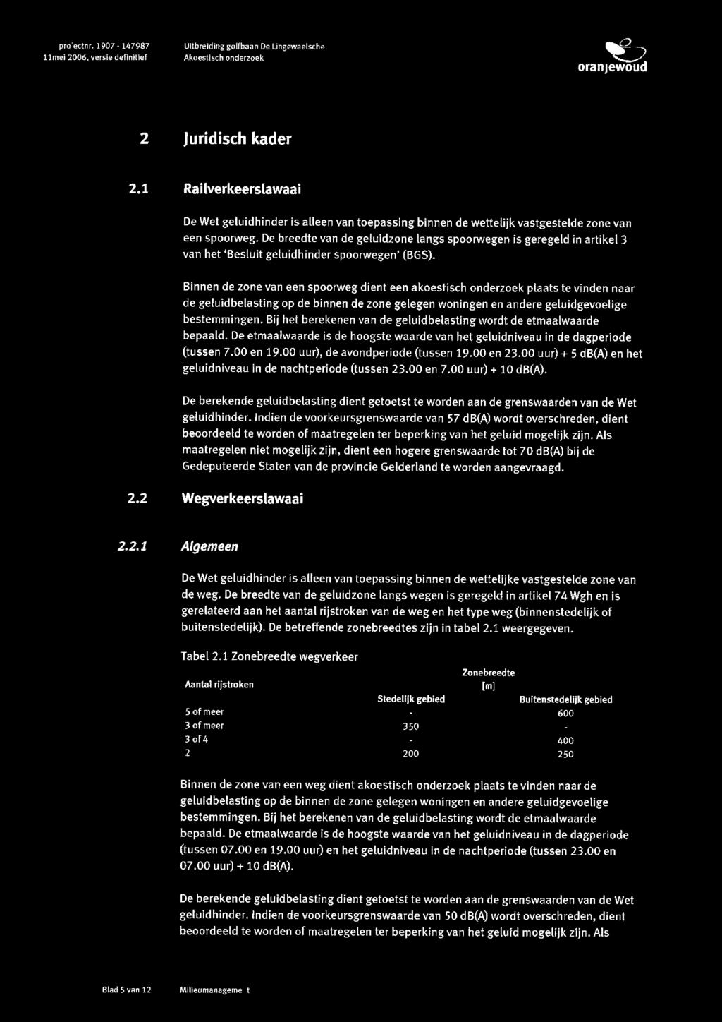 projectnr. 1907-147987 11mei 2006, versie definitief ~ Uitbreiding golfbaan De Lingewaelsche Akoestisch onderzoek Oranjewoud 2 Juridisch kader 2.