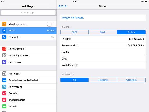 Stap 4: Wijs tijdelijk een vast (statisch) IP-adres toe aan de Ipad / Iphone. Het IP-adres moet als volgt zijn: 192.168.0.