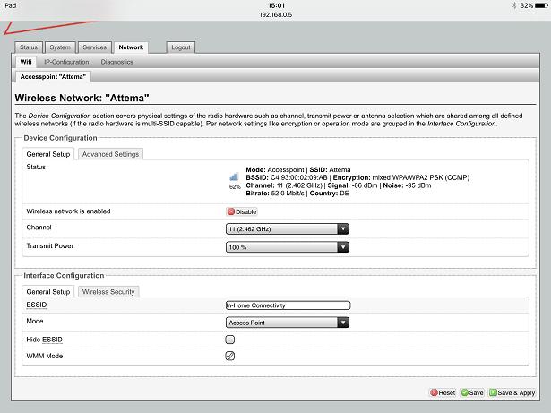 Stap 8: Pas vervolgens het SSID aan naar eigen wens (in dit voorbeeld In-Home Connectivity) Druk vervolgens op Save en nog NIET op Save & Apply.