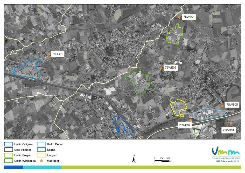 Figuur 16: Ligging meetposten regio Oostrozebeke Wielsbeke Desselgem Waregem In Oostrozebeke schommelt de gemiddelde dioxinedepositie sterk over de jaren (Figuur 17).