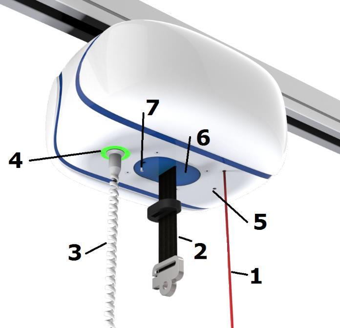 3. Beschrijving 3.1. Overzicht AR-200 Figuur 2 - Onderzijde tillift AR-200 1. Noodstopkoord 2. Hijsband met aansluiting juk 3. Aansluiting handbediening 4.