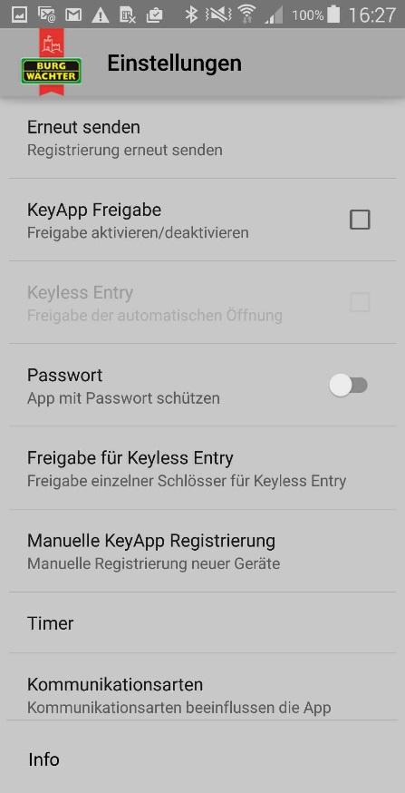 Instellingen Onder Instellingen kunnen verschillende invoeren worden uitgevoerd die de functies van de KeyApp aansturen.