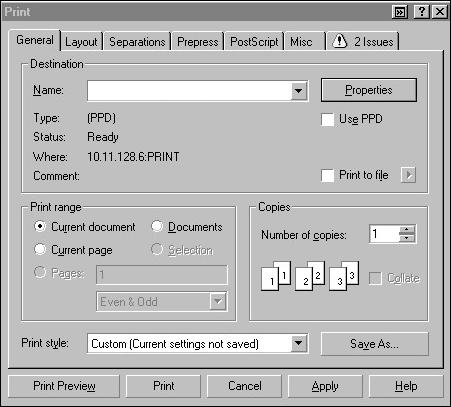 6-16 Illustratie-toepassingen AFDRUKOPTIES INSTELLEN IN CORELDRAW 1. Klik bij Windows-computers op het tabblad General (Algemeen) en klik vervolgens op Print (Afdrukken). 2.