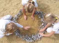 We werken met ter plekke aanwezig natuurlijk materiaal zoals zand, aarde, stenen, takken, water.