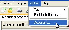 Autostart Met de opties in het menu Opties \ Autostart kan een geautomatiseerd uitlezen van data bij het starten van de PC worden gerealiseerd.
