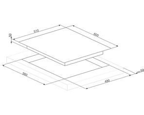 roestvrijstaal P P 4 inductie kookzones met boosterfunctie: Rechts (Multizone): 385x230 mm, 2,10 kw/ 3,60 kw (verdeling Multizone: 2 x 180x230 mm, 2,10 kw/ 3,60 kw) Links (Multizone): 385x230 mm,