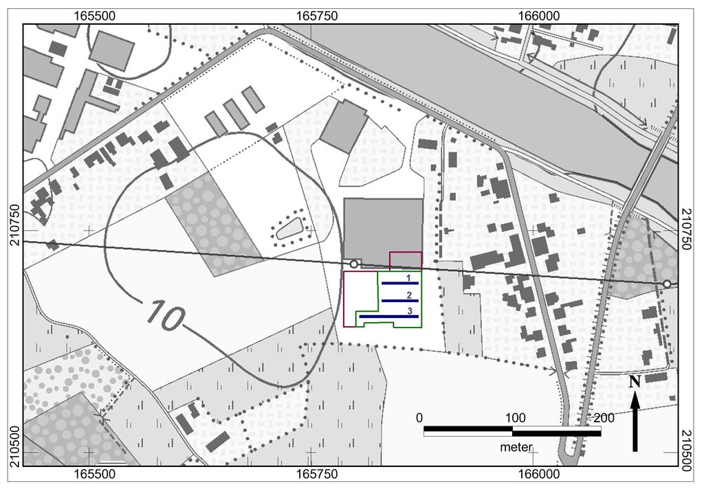 Plangebied: Pomuni Trade Geplande proefsleuven OE-code: 20-12-2016 figuur 3 Geplande proefsleuven (blauwe lijnen) in de ruimere landschappelijke ligging.