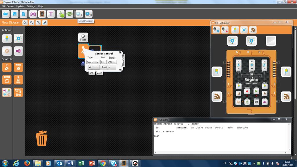 Wanneer je de sensoren nu wil gebruiken neem je in het programma bij controls de IF knop: 1. Geef het type sensor: touch of IR 2. Geef de poort in 3.