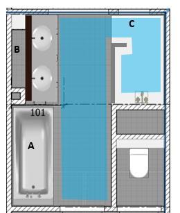 Indeling badkamer A. Inbouw Bad met thermostaat kraan. B. Wastafel zie specificatie C. Douche Inloopdouche met glazen wand. Kraan weggewerkt in de muur, regendouche D.