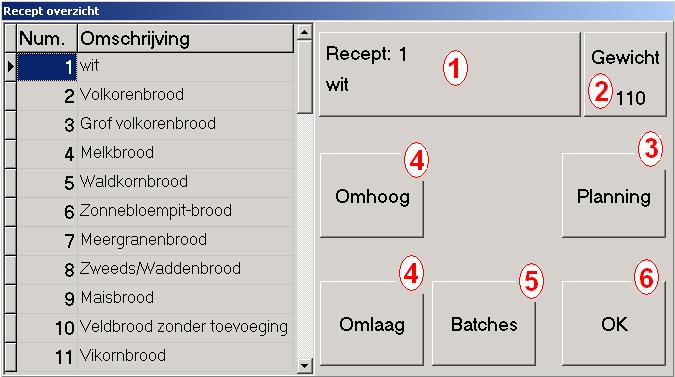 1 Recept Zodra men op de knop recept drukt krijgt men een overzicht te zien van alle recepten. Hier kan men een start opdracht maken, dit wordt een batch genoemd.