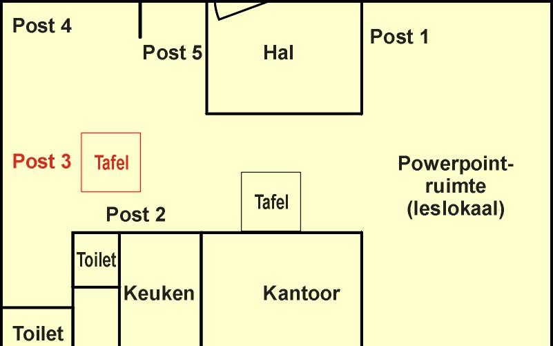 Algemeen Post 3 vind je in het gebouw rechts na binnenkomst (zie plattegrond). Bij de post hoort een tafel, deze staat naast de post.