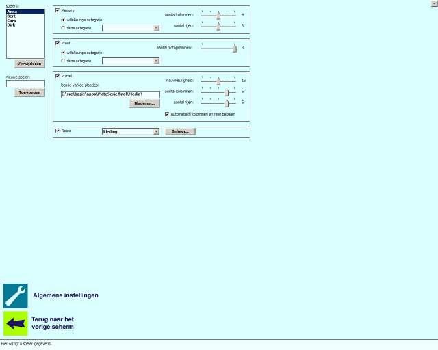 spelers beheren De knop 'Algemene instellingen' brengt u naar het scherm met de globale instellingen van PictoSerie; de knop 'Terug naar het vorige scherm' brengt u naar het welkomst-scherm.