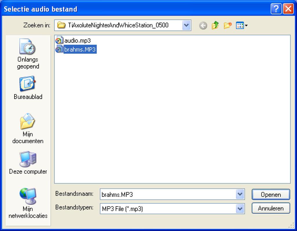 27 Het volgend beeldscherm verschijnt: Een audio bestand selecteren en klikken op de drukknop Openen.