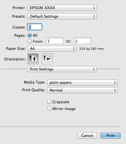 Afdrukken 5. Selecteer Printerinstellingen in het venstermenu. Als in Mac OS X v10.8.x of later het menu Printerinstellingen niet wordt weergegeven, is de Epson-printerdriver fout geïnstalleerd.