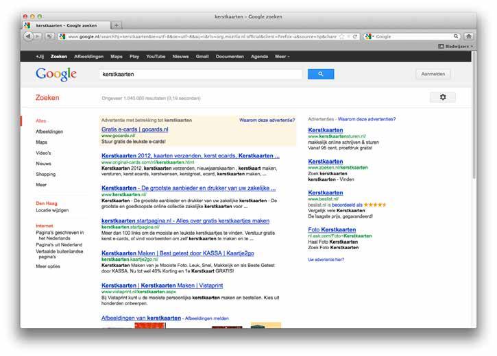 In de volgende afbeelding ziet u een voorbeeld van een zoekwoord ( kerstkaarten in dit geval) en hoe dit terug komt in de zoekresultaten van Google.