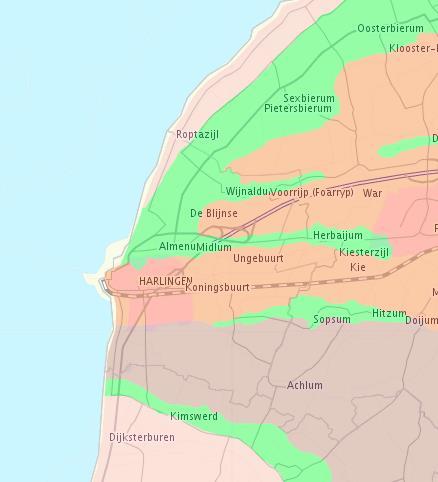 Het gebied ten zuiden van Harlingen kent een iets minder lange bewonersgeschiedenis en wordt gekenmerkt door een puntsgewijze opbouw van terpen.