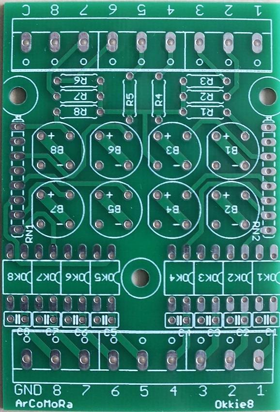 Montagehandleiding Okkie Stuklijst 8 x weerstand 4k7 8 x diode brug 2W0x 8 x Condensator 100 nf 8 x Optocoupler PC814 (OK1 t/m OK8) of 2 x PC844 2 x 16 pins IC